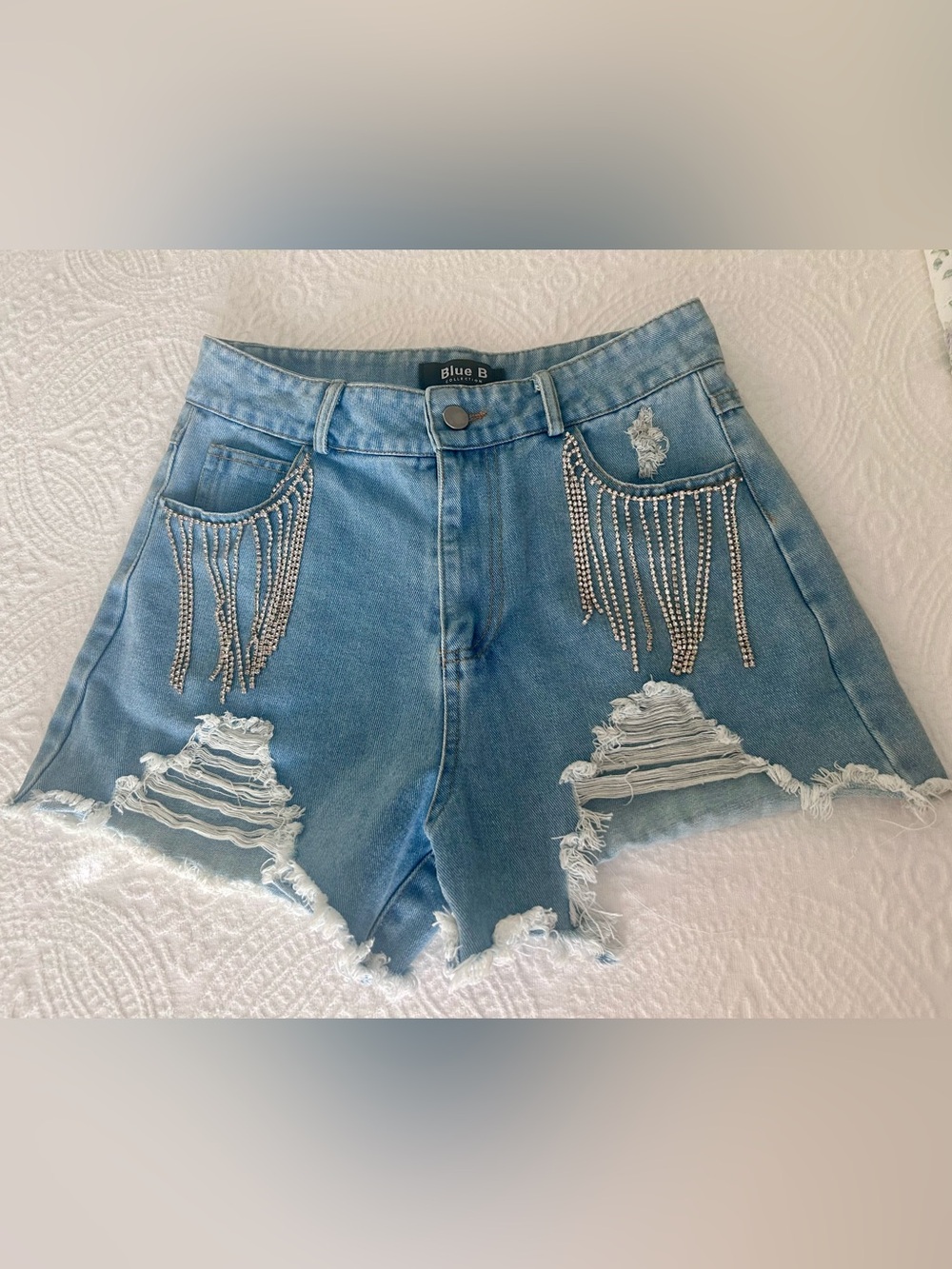 Blue B Distressed Denim Shorts with Rhinestone Fringe, light wash, Size Small